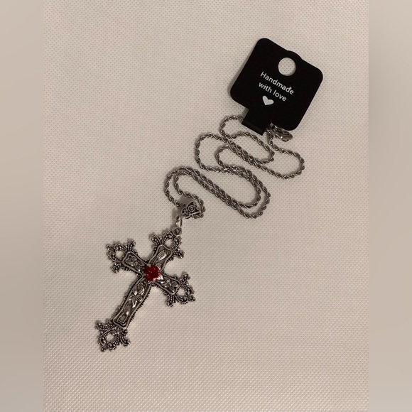 Gothic Red Crystal Cross Charm Necklace Floral Design Big Punk Goth Silver Tone - Picture 5 of 11